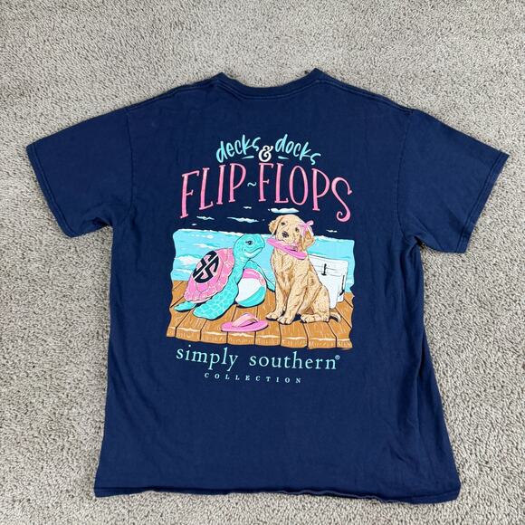 Simply Southern Tops - Simply Southern Shirt Womens Large Blue Decks Docks Flip Flops Dog Turtle READ